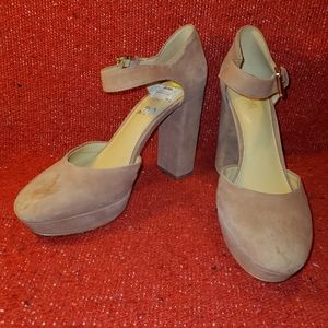 Michale Kors dusty mauve faux suede ankle strap D'Orsay chunk heel platform pump
